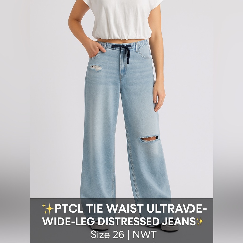 ✨PTCL Tie Waist Ultra Wide-Leg Distressed Jeans – Size 26 | 🆕 ✨.